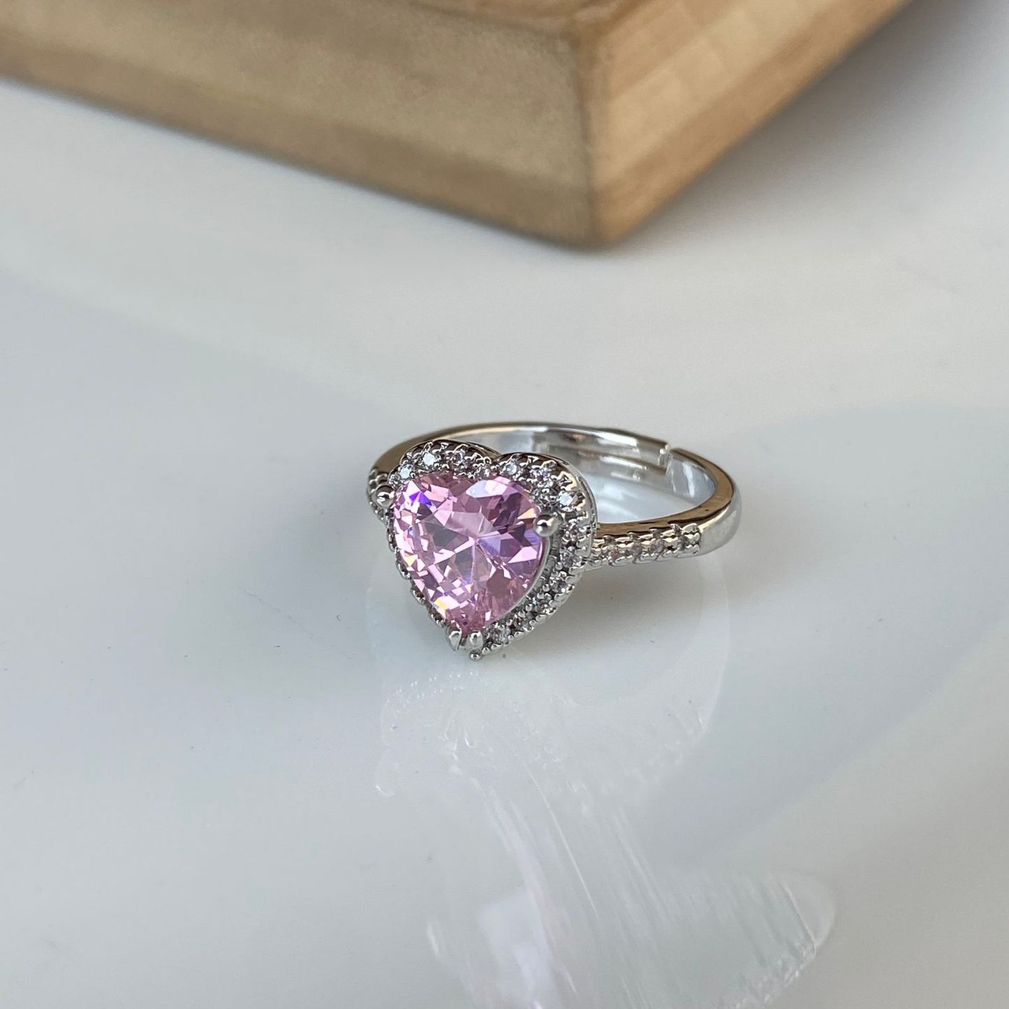 Pink Sparkle Heart Solitaire Ring