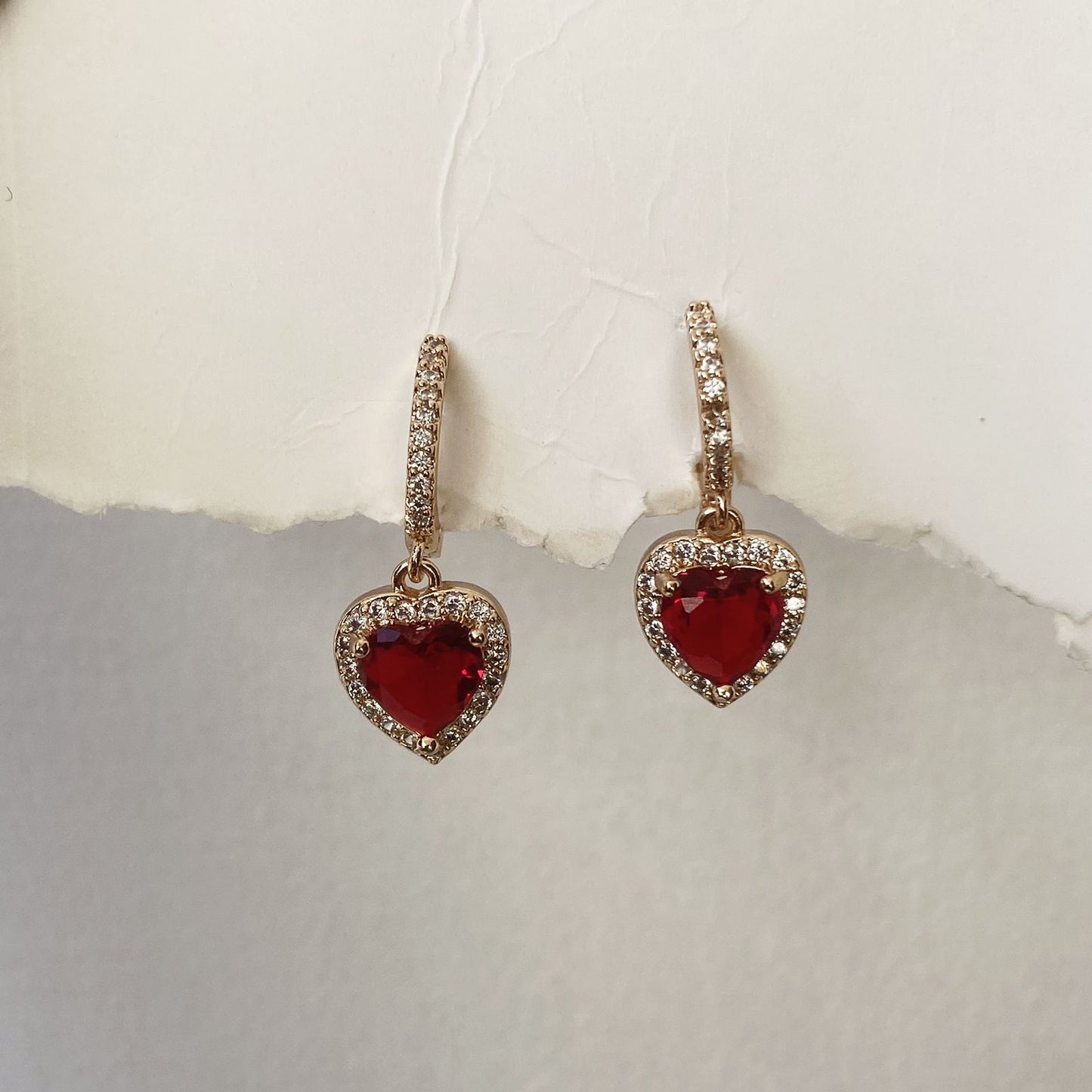 Ruby Heart Drop Earrings( Rose Gold)