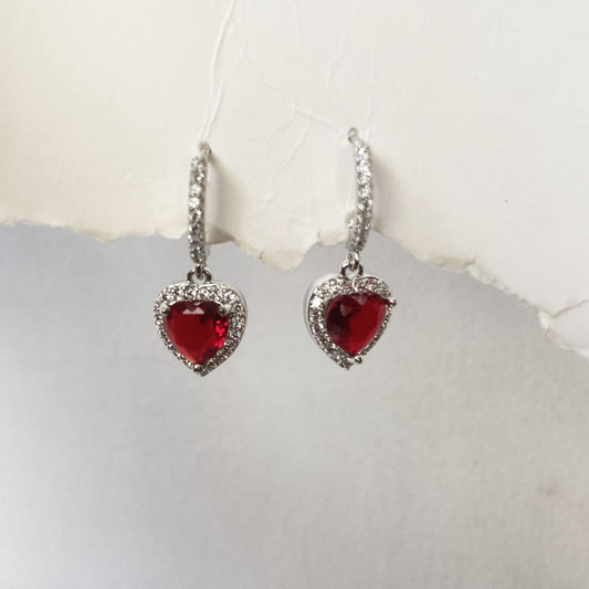 Ruby Heart Drop Earrings( Silver)