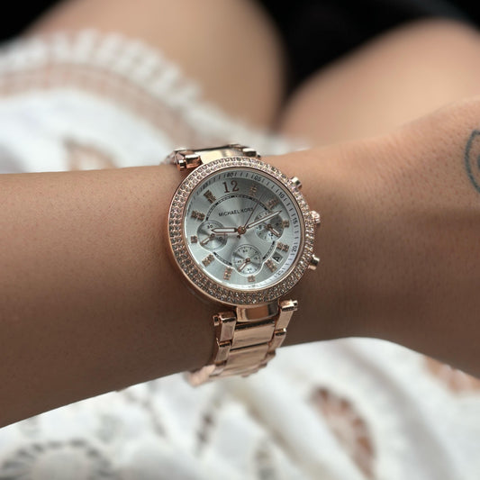 MK White Dial Rose Gold Studded Watch