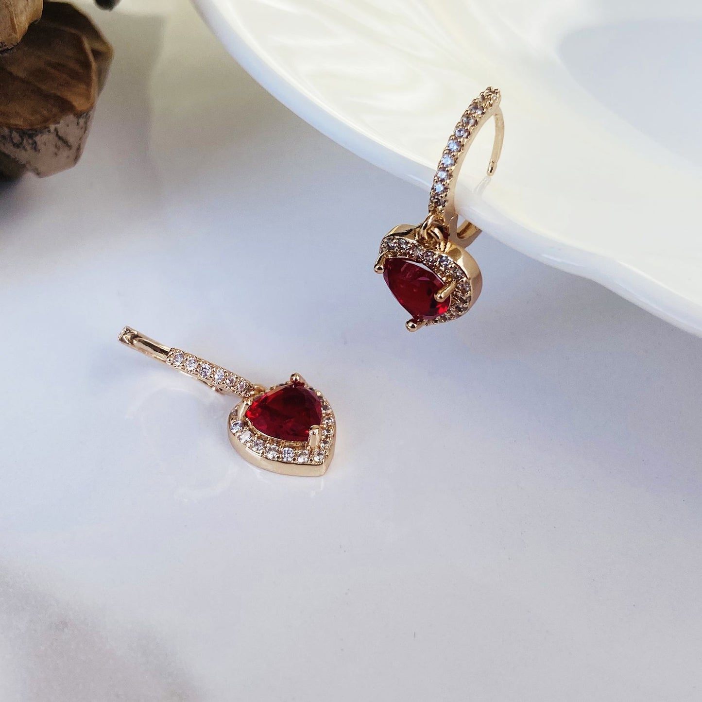 Ruby Heart Drop Earrings( Rose Gold)