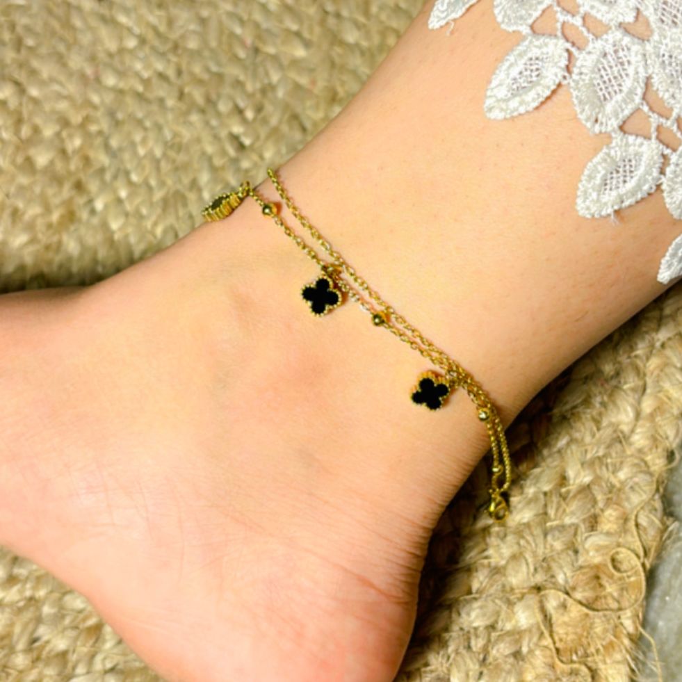 Clover Black Layered Anklet