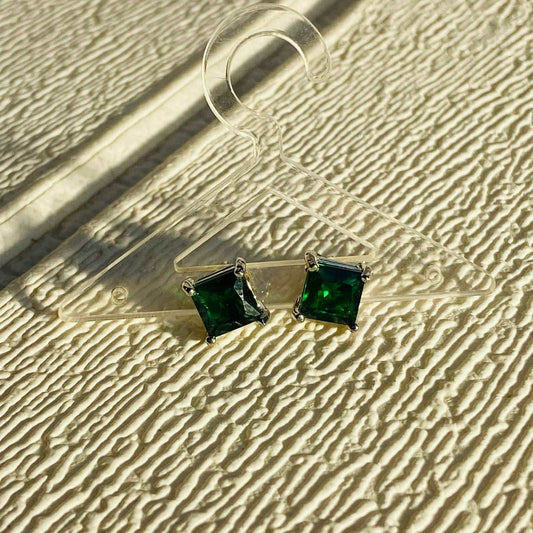 Emerald Silver Solitaire Studs