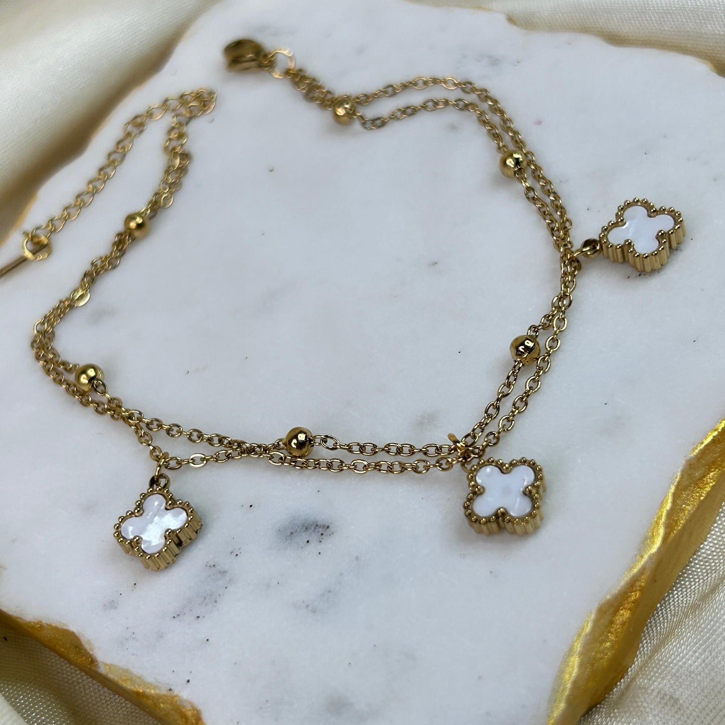 Clover Layered White Anklet