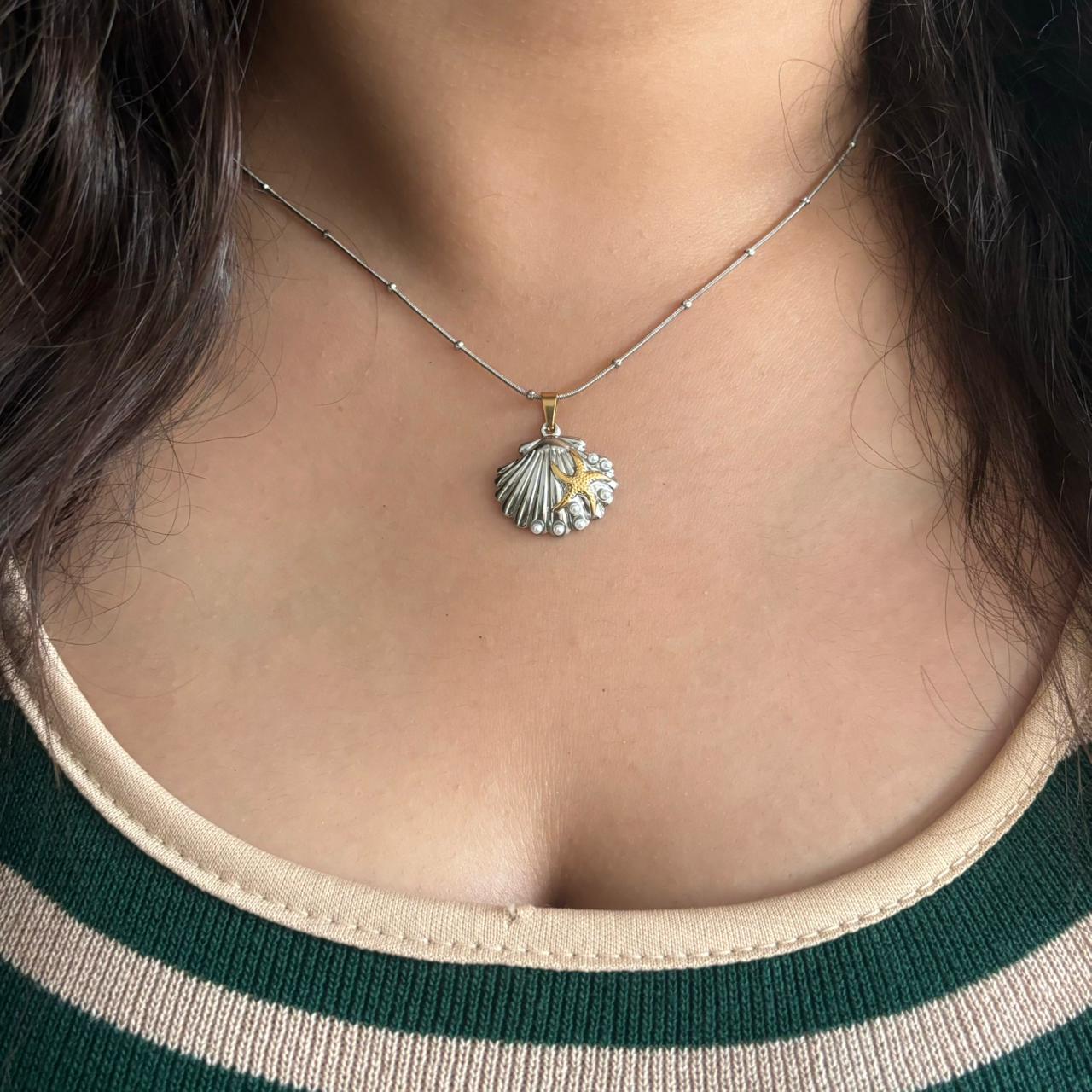 Shell Pearl Dual Tone Necklace