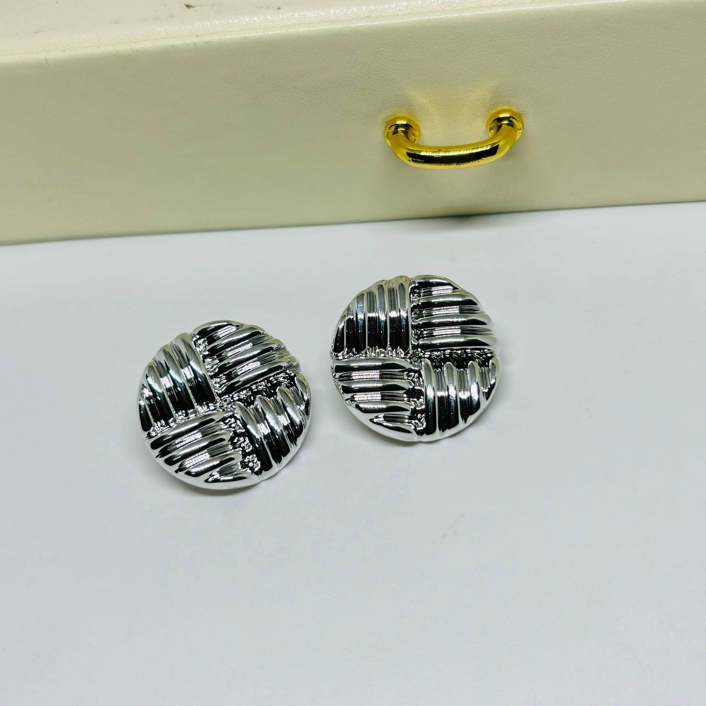 Button Silver Statement Earrings
