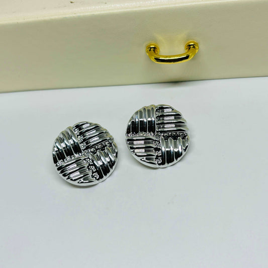 Button Silver Statement Earrings