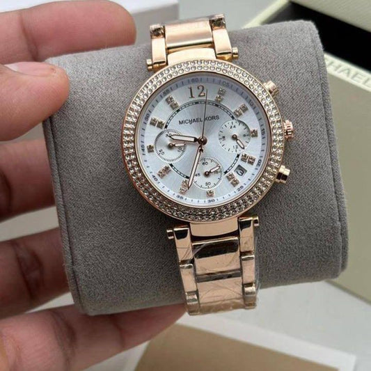 MK White Dial Rose Gold Studded Watch