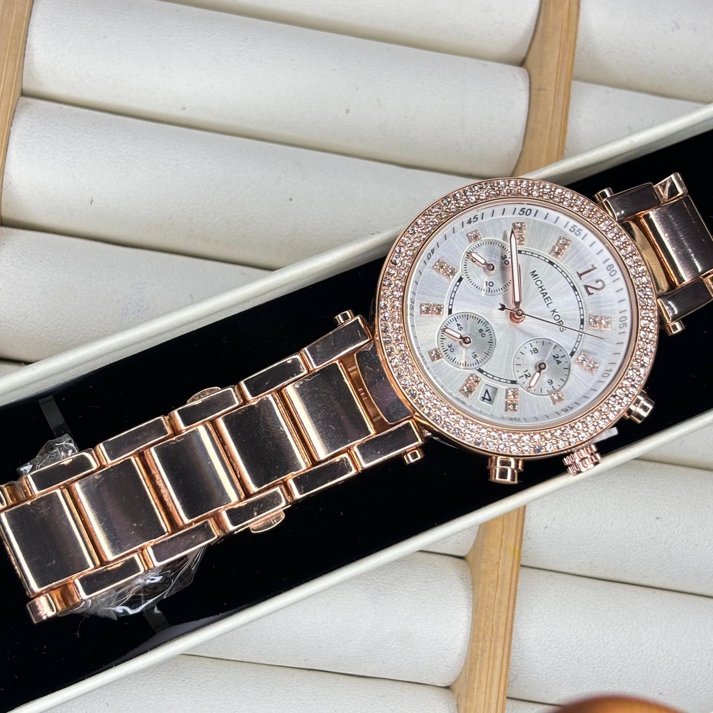 MK White Dial Rose Gold Studded Watch