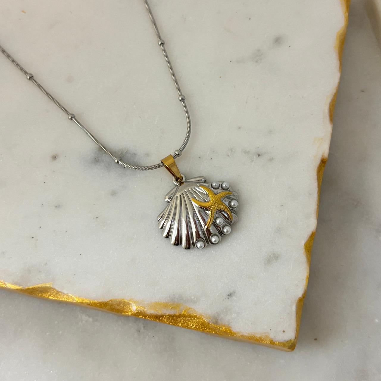 Shell Pearl Dual Tone Necklace