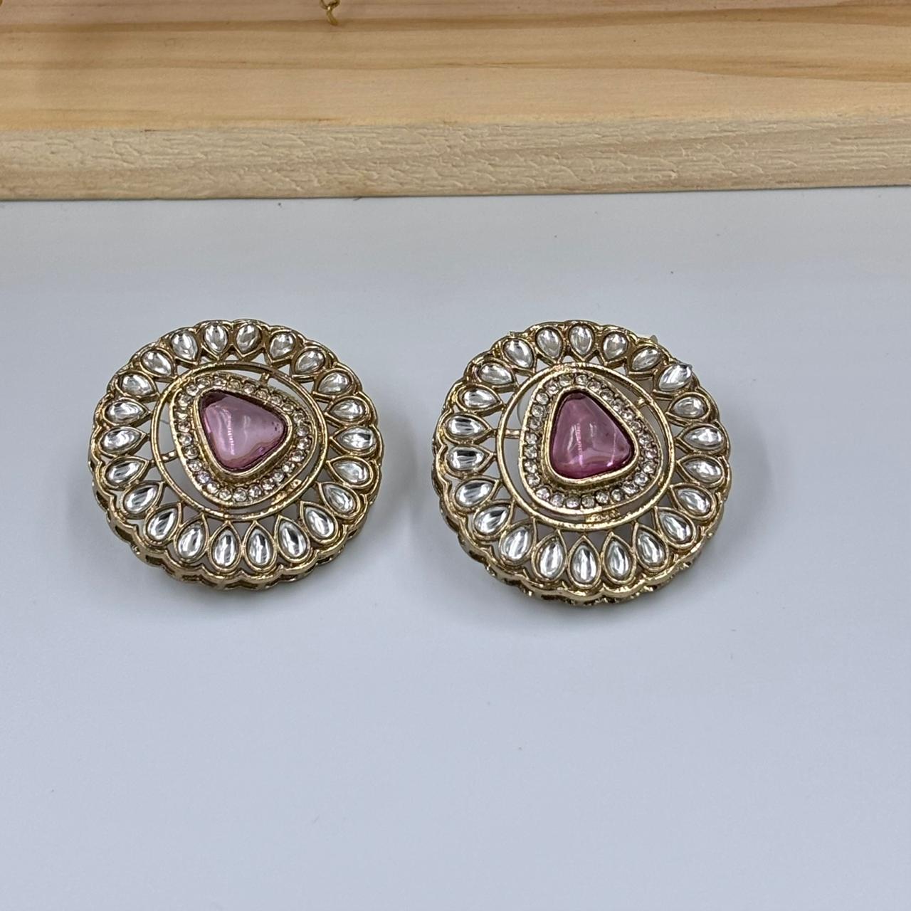 Khushi Kundan Stud Earrings (Pink )