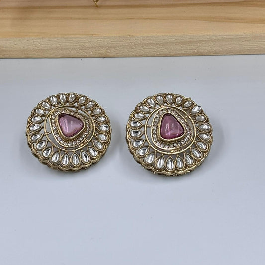 Khushi Kundan Stud Earrings (Pink )