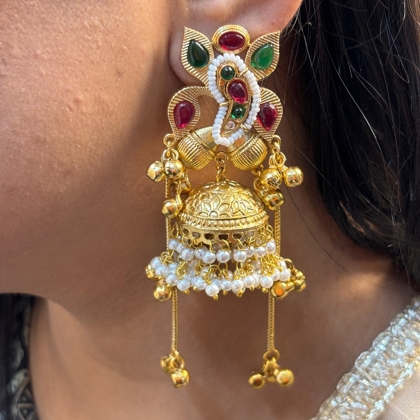 Pachi Kundan Earrings (Red Green)