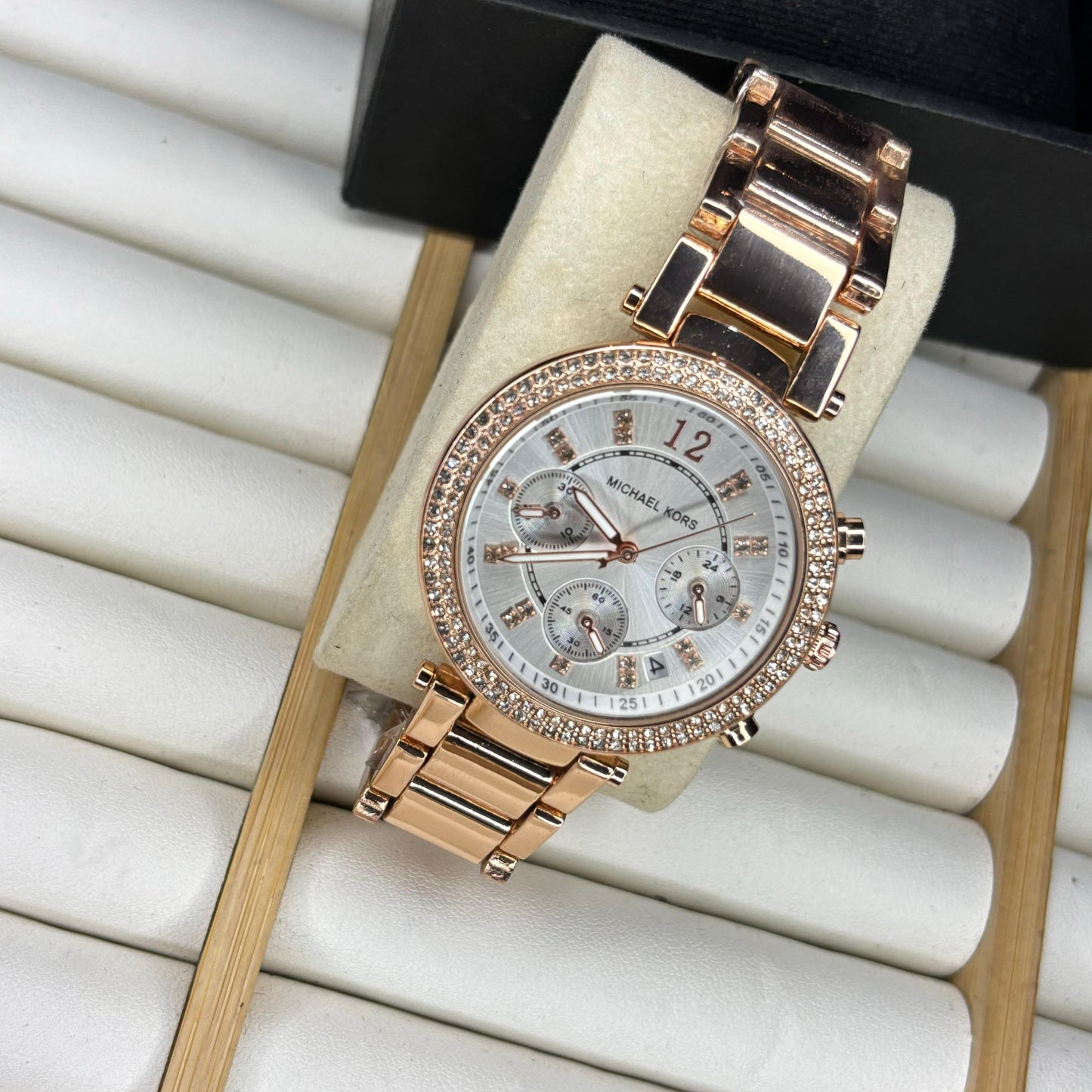 MK White Dial Rose Gold Studded Watch