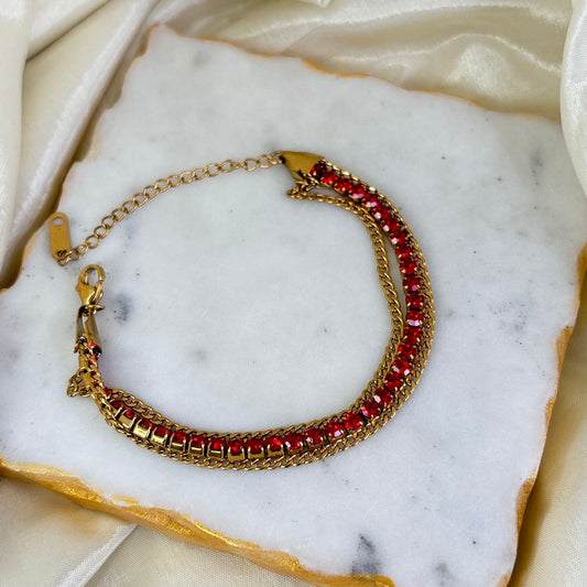 Red Tennis 3 Layered Chain Bracelet