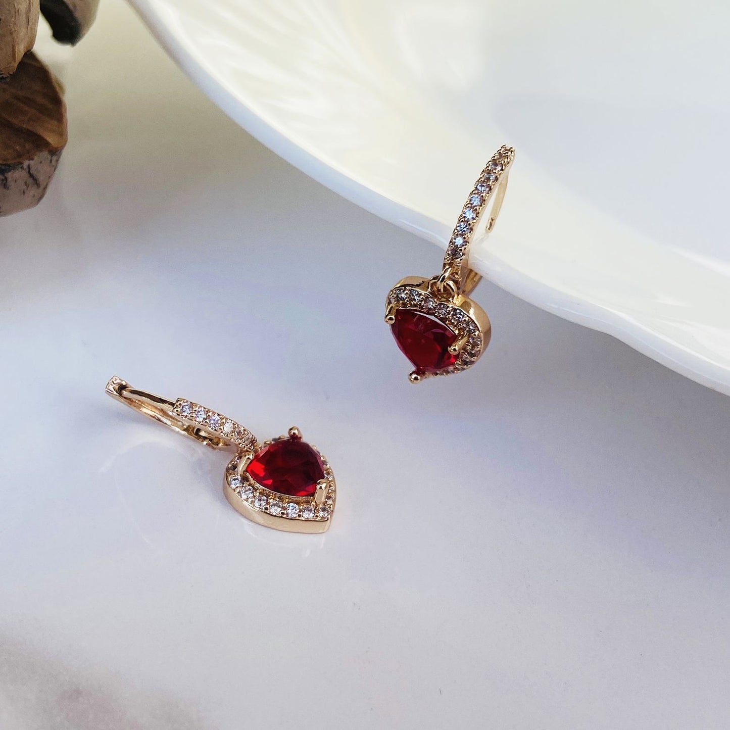 Ruby Heart Drop Earrings( Rose Gold)