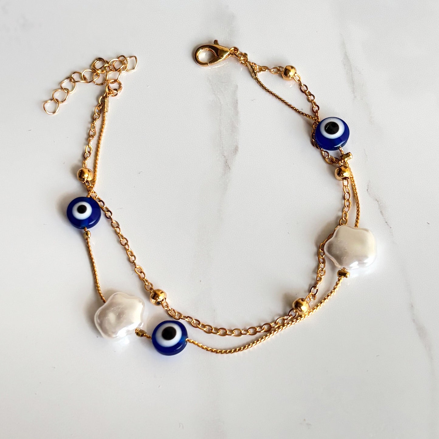 Evil Eye & Fresh Pearl Flower Layered Anklet