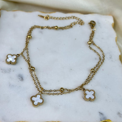 Clover Layered White Anklet