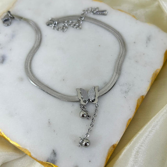 Silver Butterfly Drop Anklet