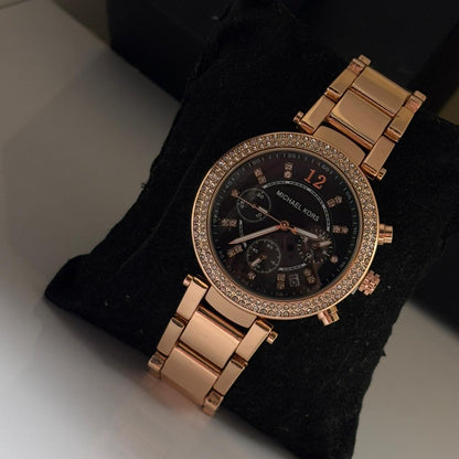 MK Embellished Chronograph Watch (Black - Rose Gold)