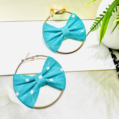 Turquoise Printed Handmade Bow Earrings