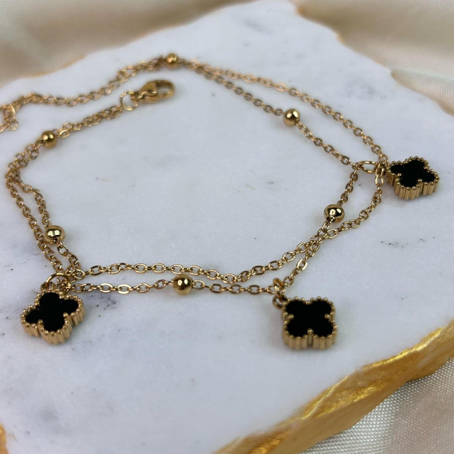 Clover Black Layered Anklet