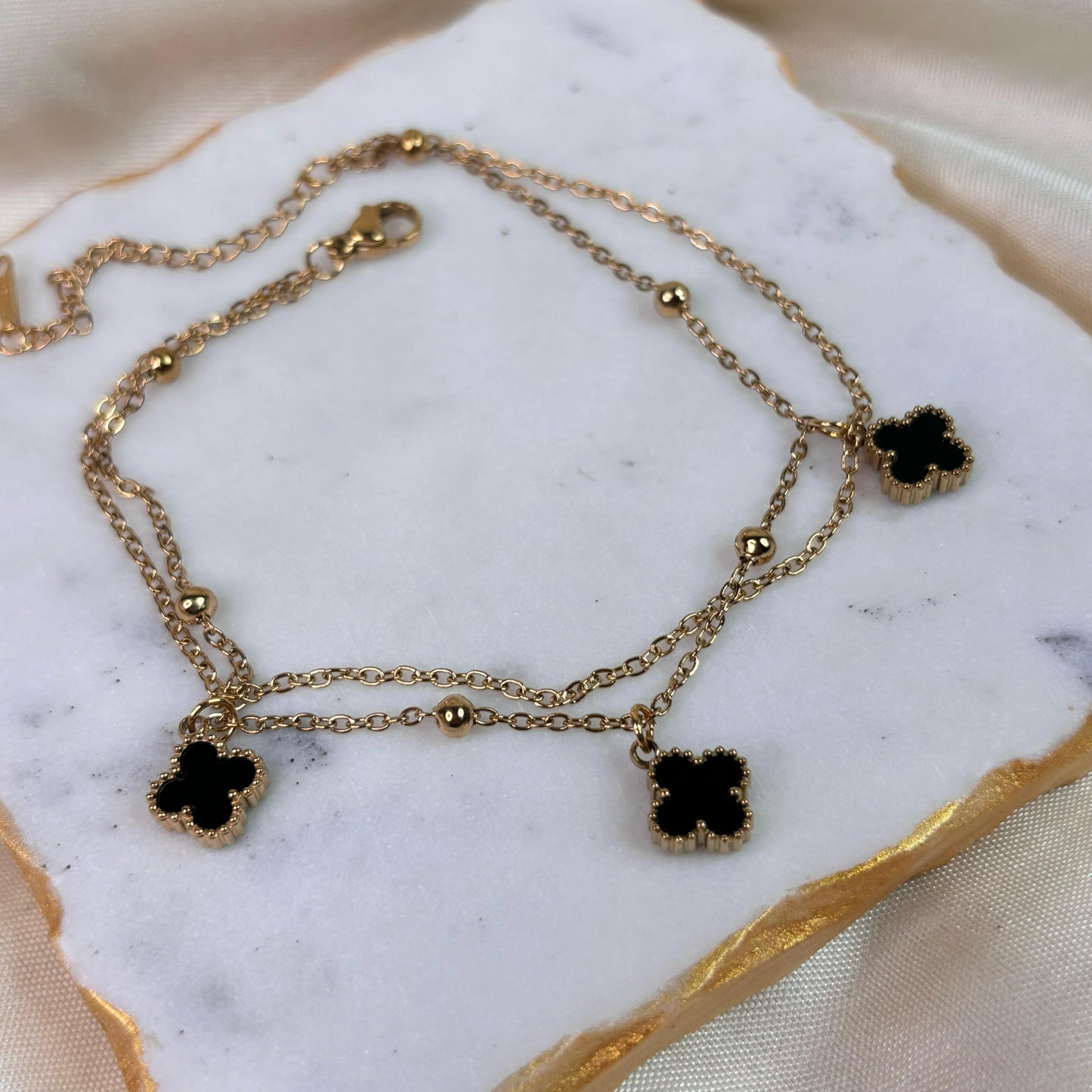 Clover Black Layered Anklet