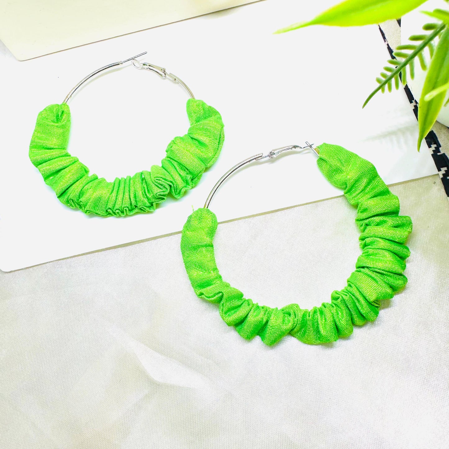 Neon Green Ruffle Handmade Bow Earrings