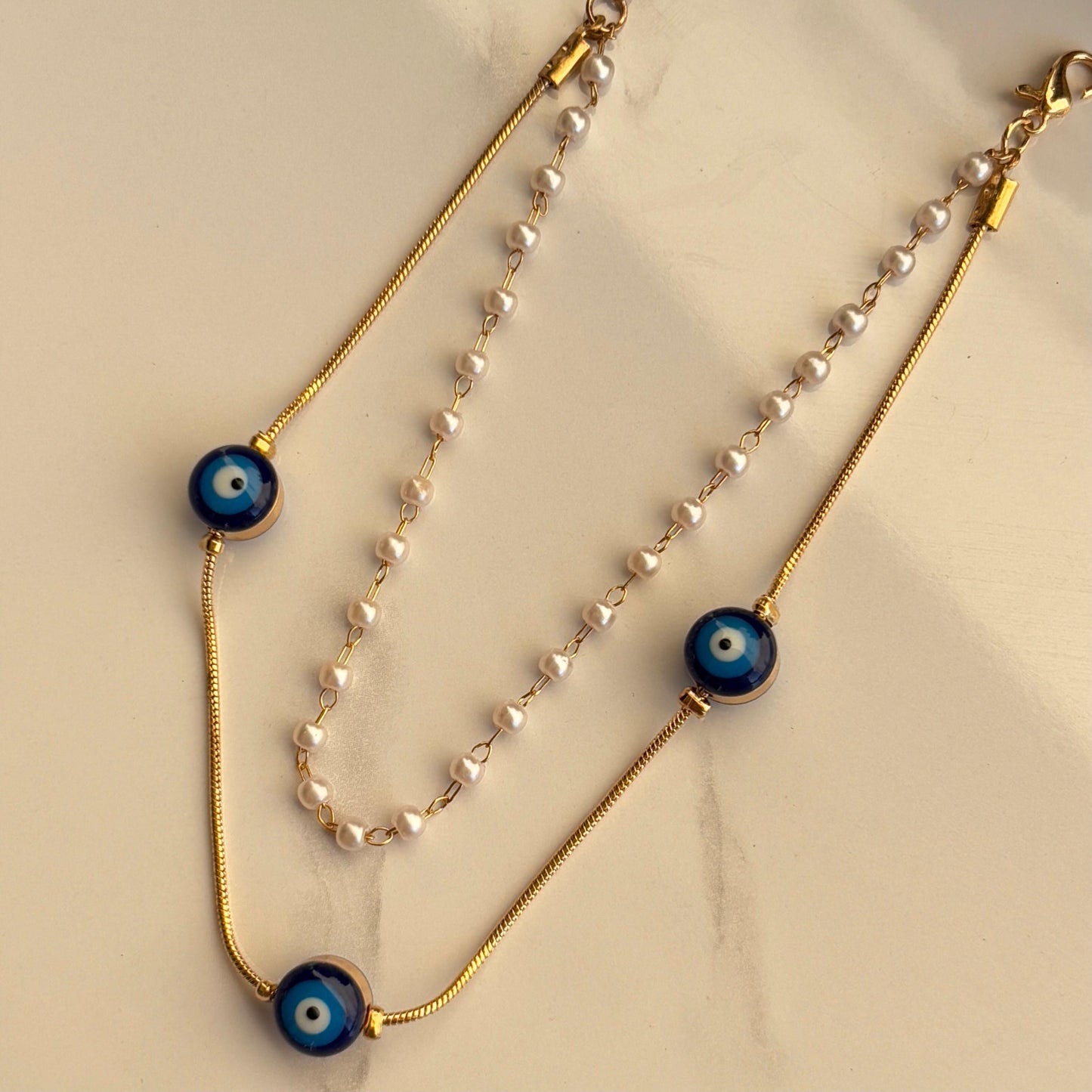 Evil Eye Pearl Chain Layered Anklet