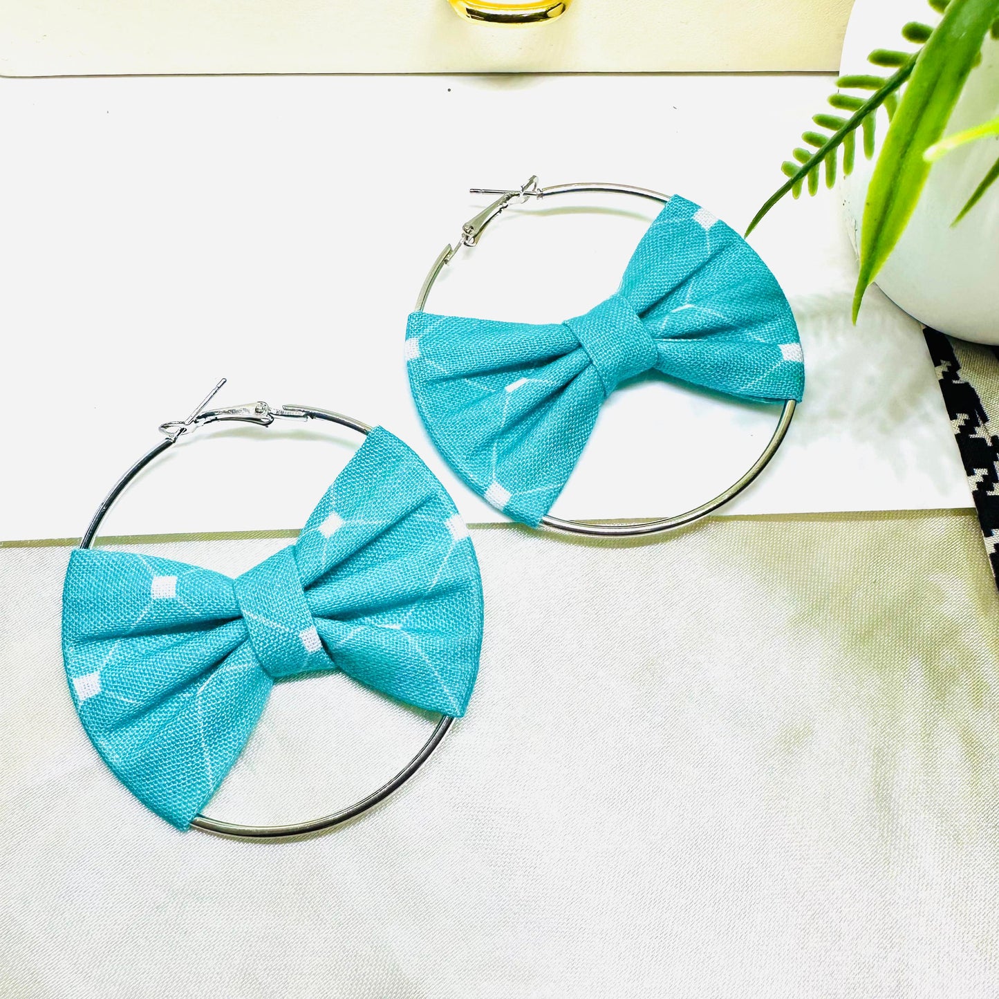 Turquoise Printed Handmade Bow Earrings