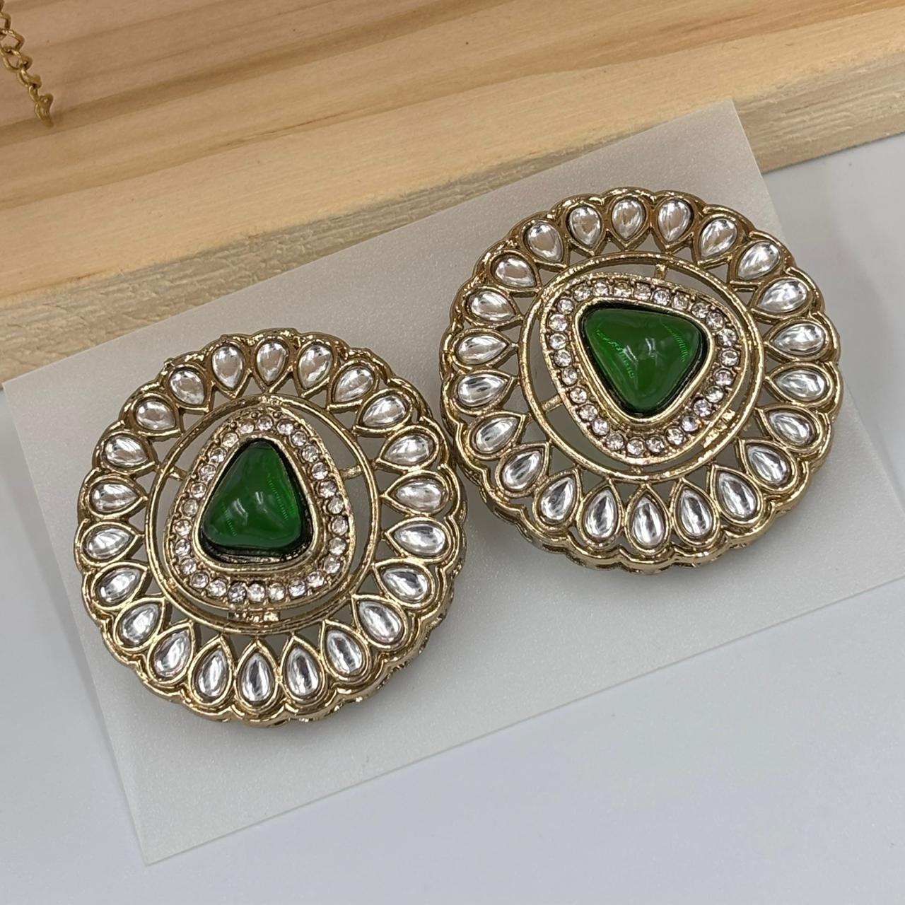 Khushi Kundan Stud Earrings (Emerald )