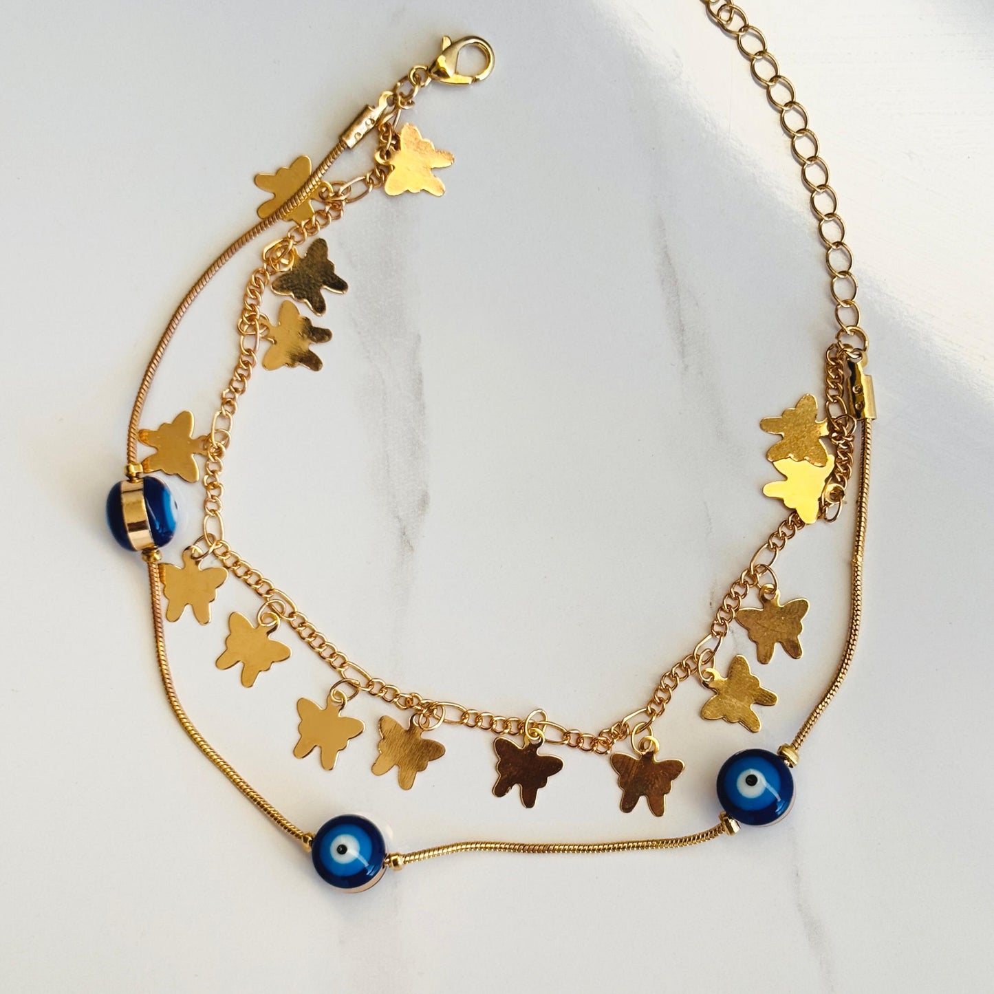 Evil Eye & Butterfly Charm Layered Anklet