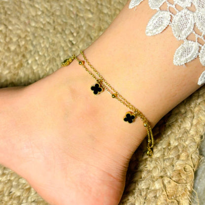 Clover Black Layered Anklet