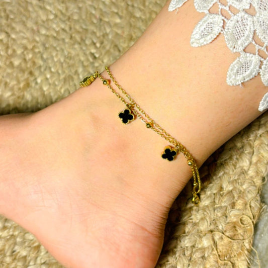 Clover Black Layered Anklet