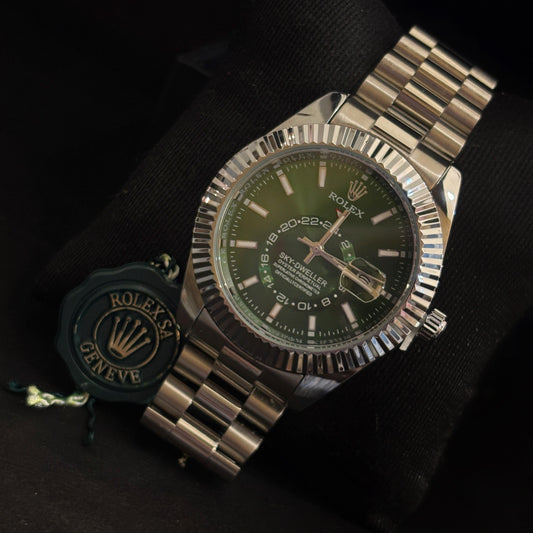 Ro-lex Silver Green Dial Watch