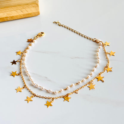 Star Charm Pearl Layered Anklet