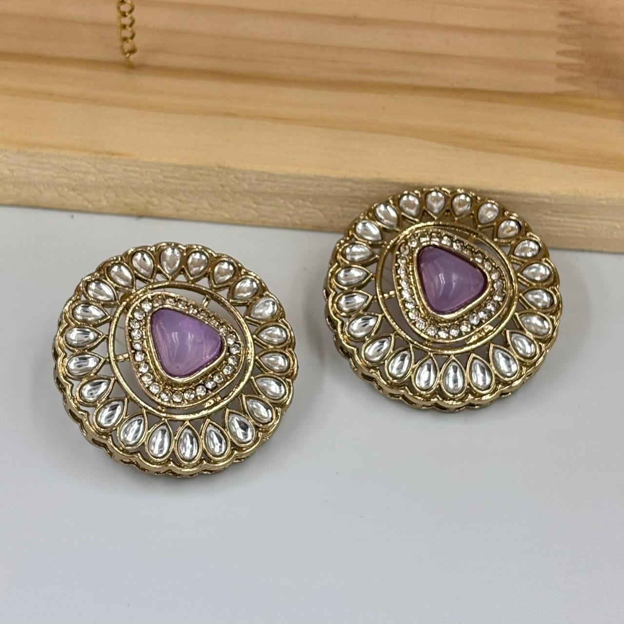Khushi Kundan Stud Earrings (Lavender )