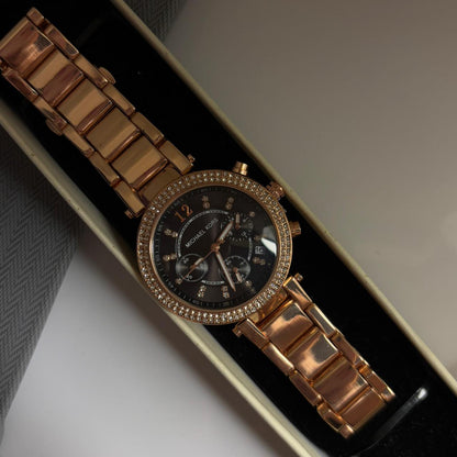 MK Embellished Chronograph Watch (Black - Rose Gold)