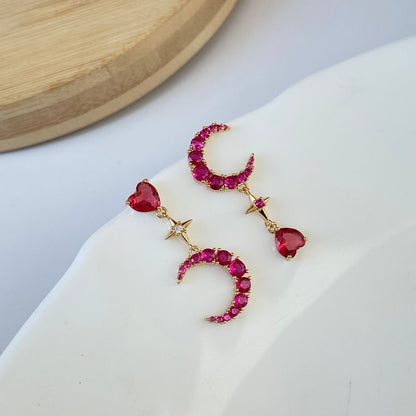 Mismatched Moon Luxe Earrings ( Ruby)