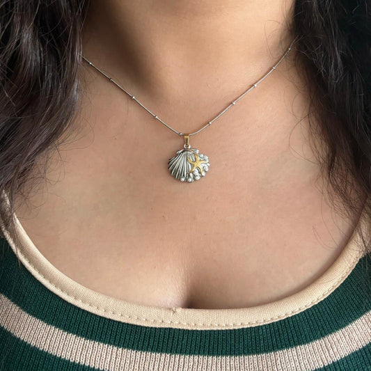 Shell Pearl Dual Tone Necklace