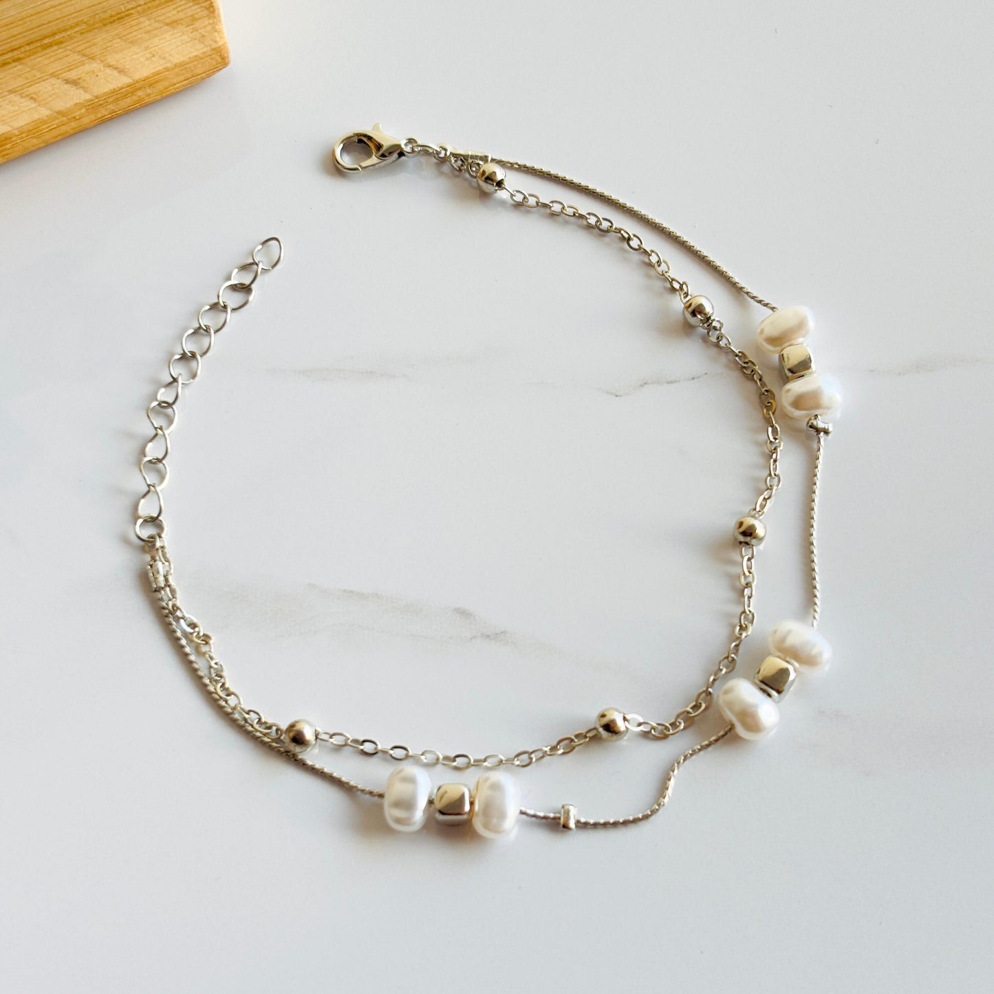 Sterling Silver Pearl Anklet (Silver)