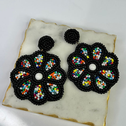 Black beads Flower Earrings