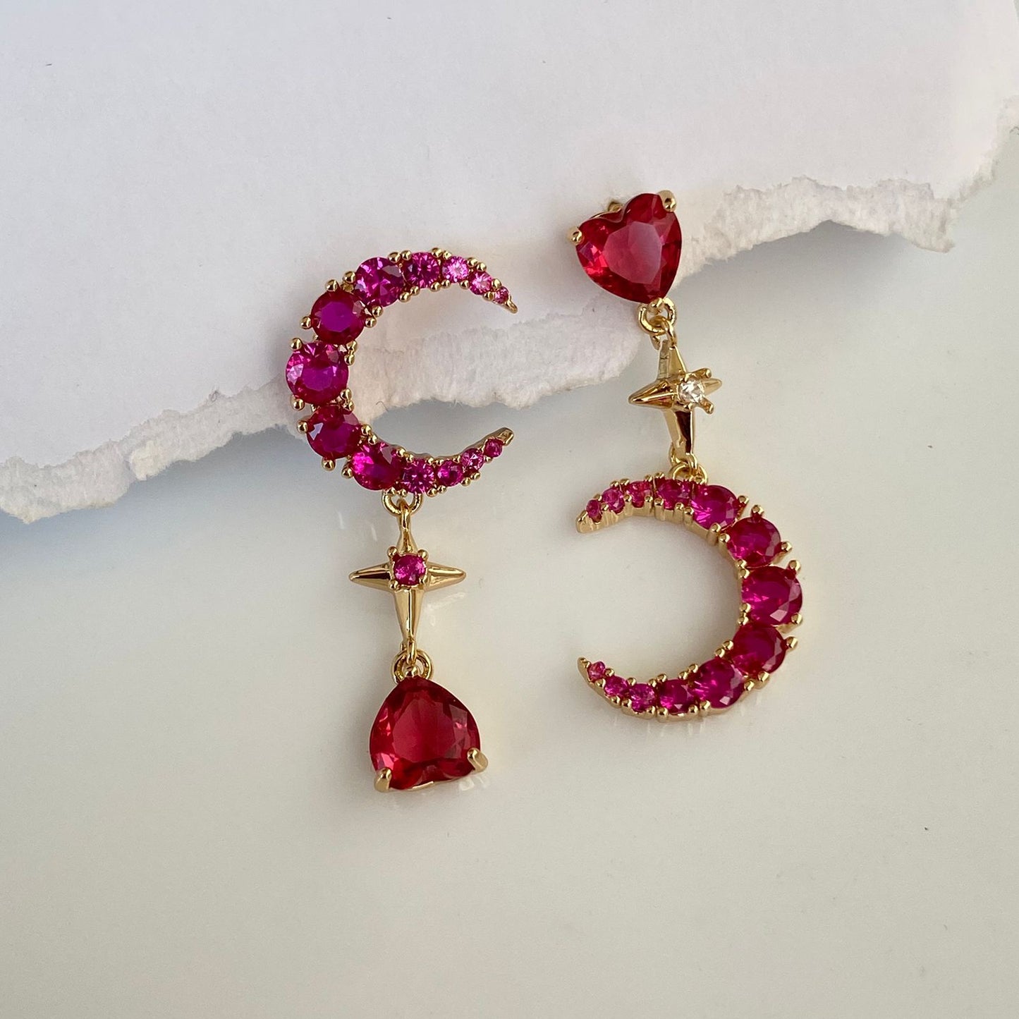 Mismatched Moon Luxe Earrings ( Ruby)