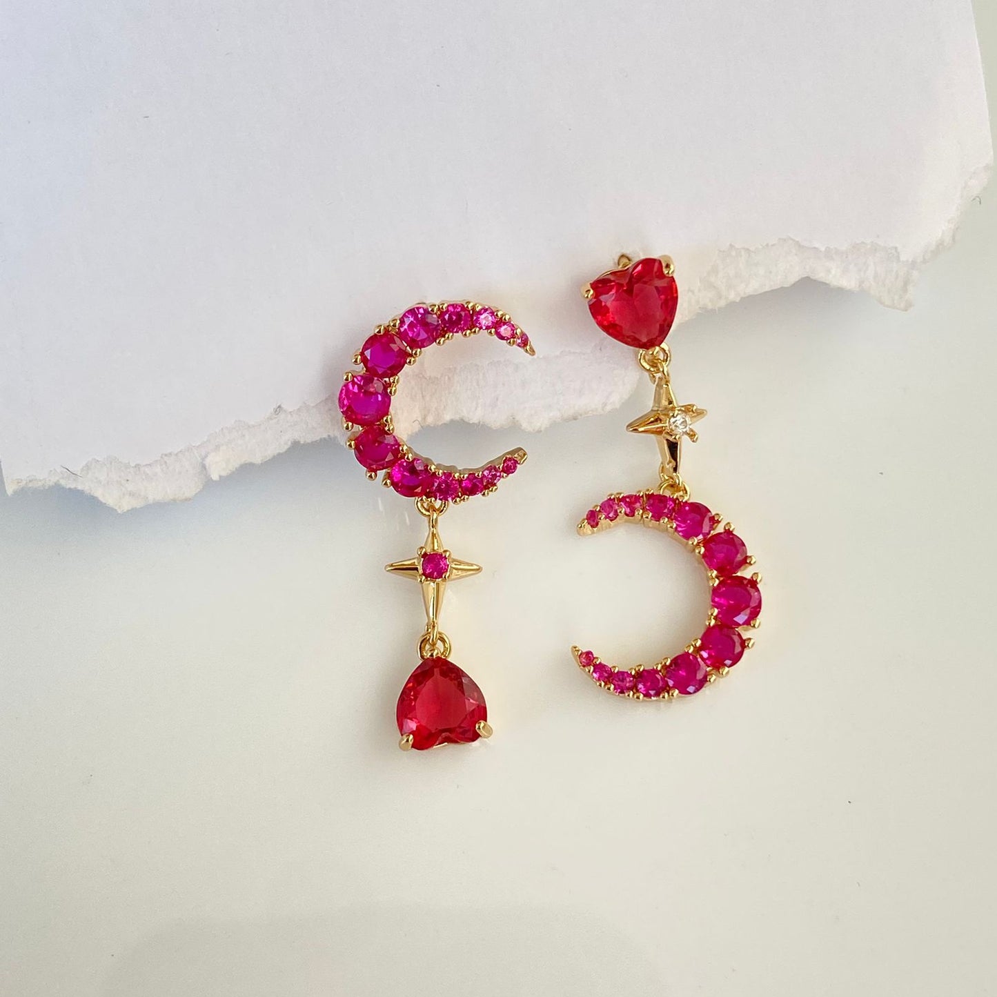 Mismatched Moon Luxe Earrings ( Ruby)