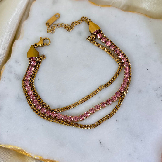 Pink Tennis 3 Layered Chain Bracelet