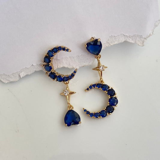 Mismatched Moon Luxe Earrings ( Blue Gold)