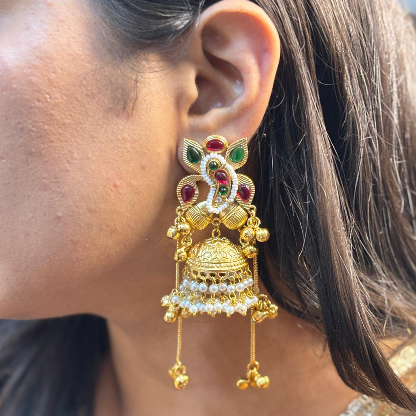 Pachi Kundan Earrings (Red Green)