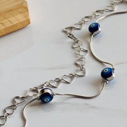 Evil Eye hearts Linked Layered Anklet (Silver)