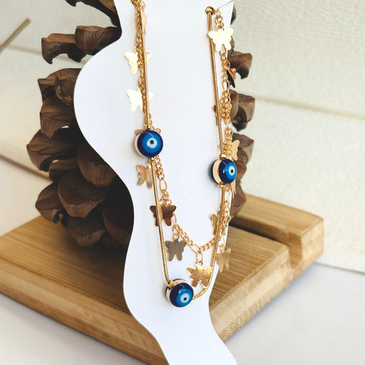 Evil Eye & Butterfly Charm Layered Anklet