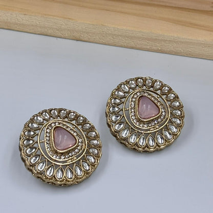 Khushi Kundan Stud Earrings (Light Pink )
